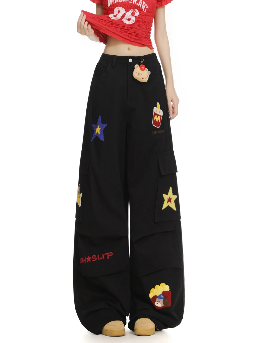 Pantaloni da lavoro Bla da donna primavera autunno pantaloni larghi pieghettati sottili a gamba larga dritti pantaloni casual ricamo asciugamano cartone animato