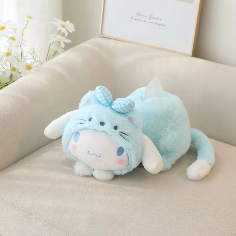 Cute Cartoon MyMelody Kuromi Cinnamoroll Lying Plush Doll Car Pillow Rag Doll Back Pillow Tissue Box