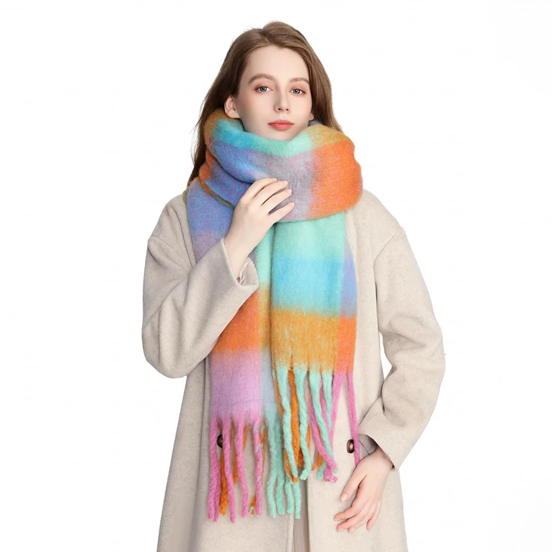 2024 Winter Thick Warm Scarf Women Cashmere Shawl and Wraps Pashmina Neckerchief Bufanda Female Rainbow Hairy Tessel Echarpe New