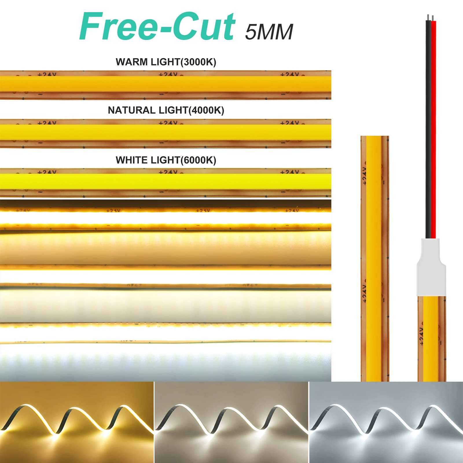 

12V 24V COB Strip 5MM 8MM PCB Flexible COB LED Strip Light 400Leds/m LED Tape Ribbon Rope Lamp 3000K 4000K 6000K for Home Decor