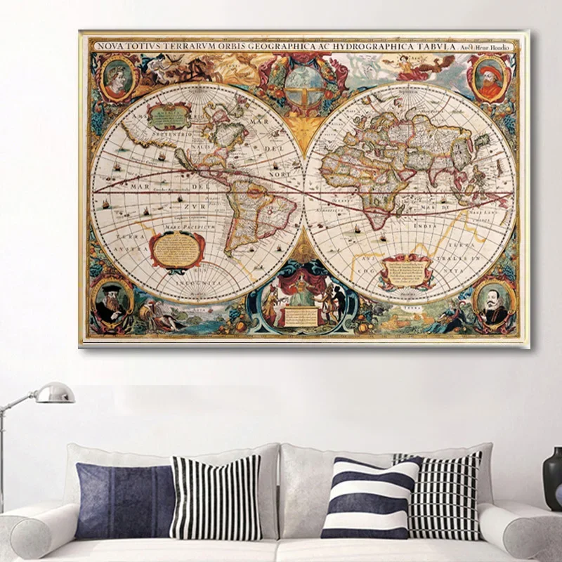 Multiple sizes 1pc frameless Canvas Painting, World Map Vintage Antique Historic Educational Classroom Globe Projection Wall Dec
