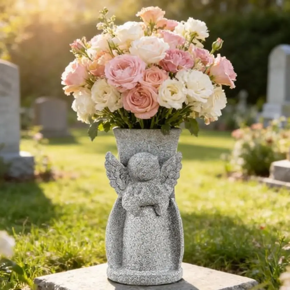 Waterproof Solar Angel Grave Vase Cemetery Memorial Ornament Decorative Resin Flower Pot Outdoor Garden Tribute Piece