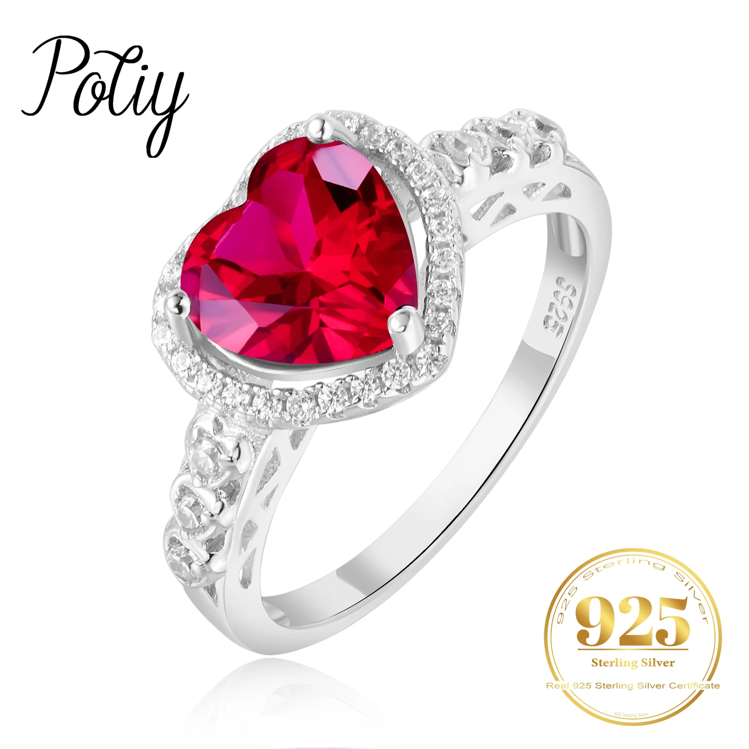 Pierścionek Potiy Heart Love z syntetycznym czerwonym rubinem 2.5ct, srebro próby 925, dla kobiet, biżuteria codzienna, prezent na walentynki