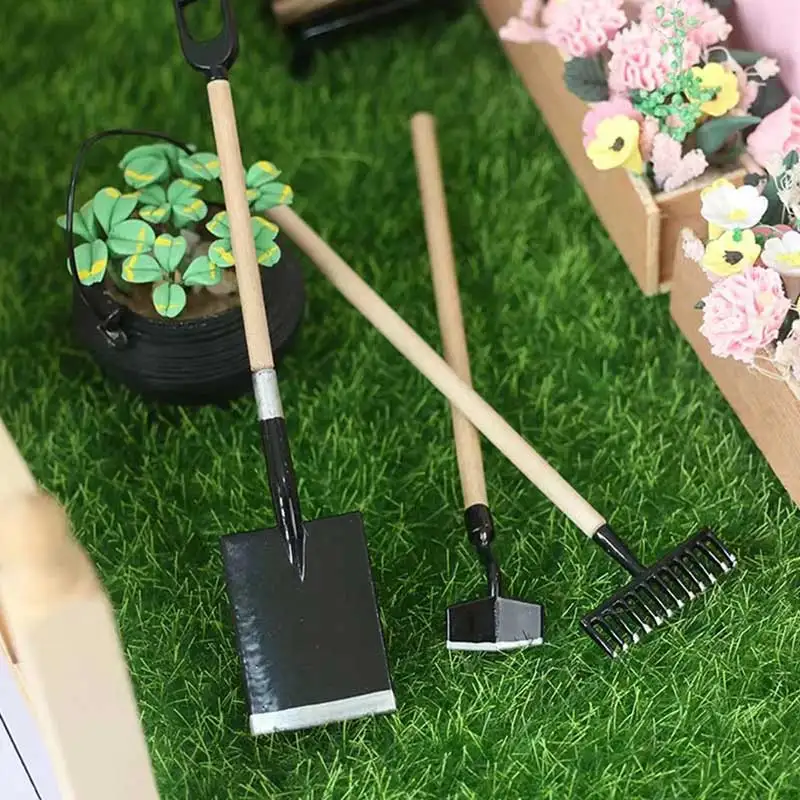 1:12 Dollhouse Furniture Miniature Mini Farm Tool Shovel Rake Tools Model For Fairy Garden Accessorie Kids Boy Pretend Play Toy1