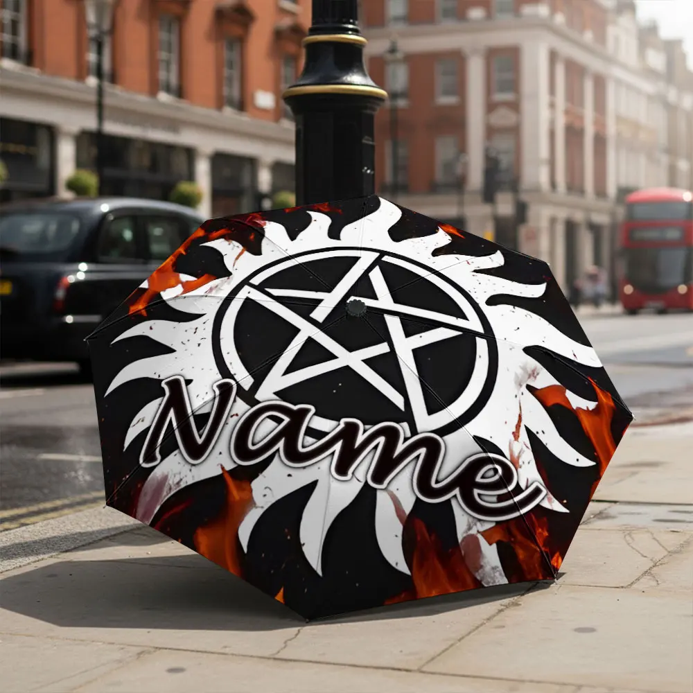 Custom Name Umbrella Pentagram Sun Dark Totem Symbol Fire Background Print Folding Umbrella Compact Portable Travel Parasol