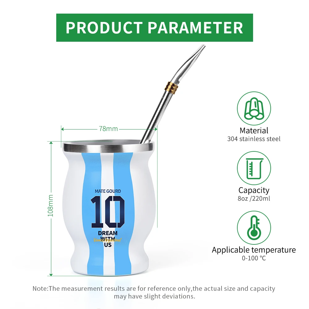 Yerba Mate Cup with Straw, Tea Gourd Coffee Mug, Cleaning Brush, Argentina Football Captain No.10 Style