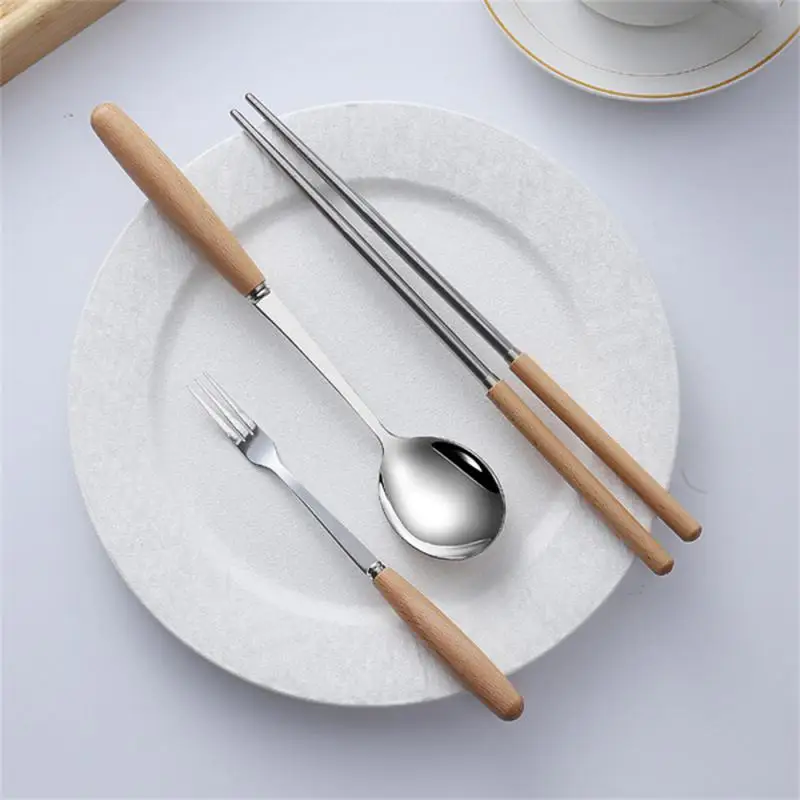 Stainless Steel Tableware Japanese Fork Spoon Western Food Steak Knife Wooden Handle Soup Spoon Fruit Dessert Fork Kitchen Tool