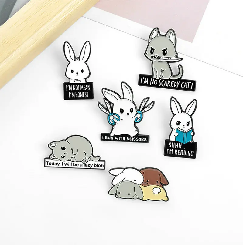 Rabbits Park Enamel Pins Custom Book Scissors Bunny Cats Brooch Lapel Badge Bag Cartoon Animal Jewelry Gift for Kids Friends