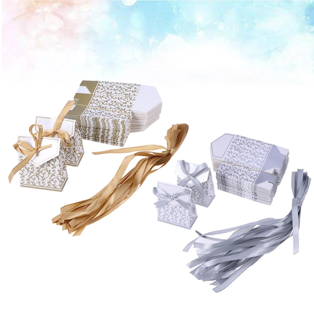 

100 Pcs Wedding Candy Boxes Printed Boxes with Stitched Ribbon Decent Chocolate Treat Boxes (Golden/Silver)
