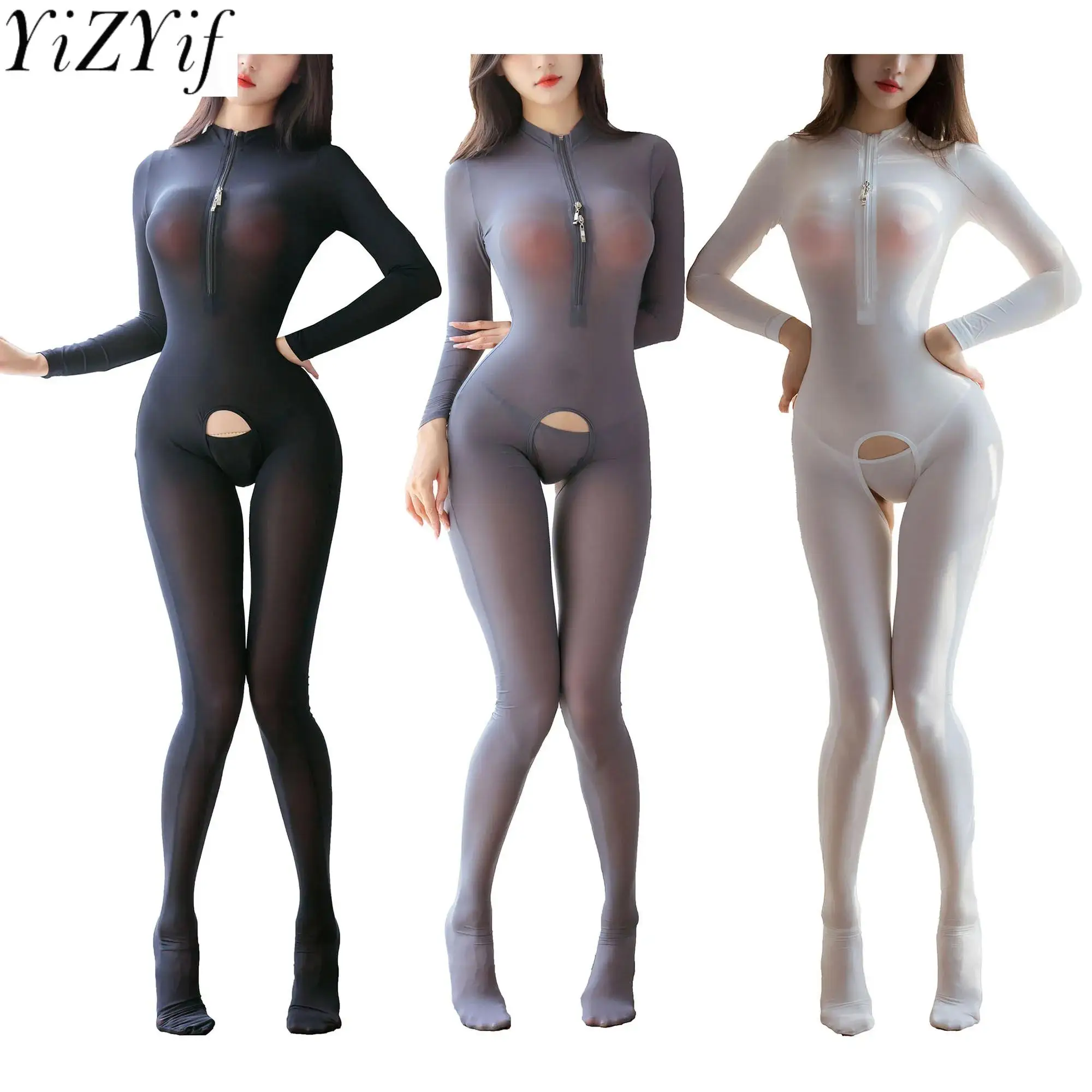 

Womens Zipper Stand Collar Crotchless Bodystocking Nightwear Long Sleeve See Through Bodysuit with G-string Shaping Jumpsuits