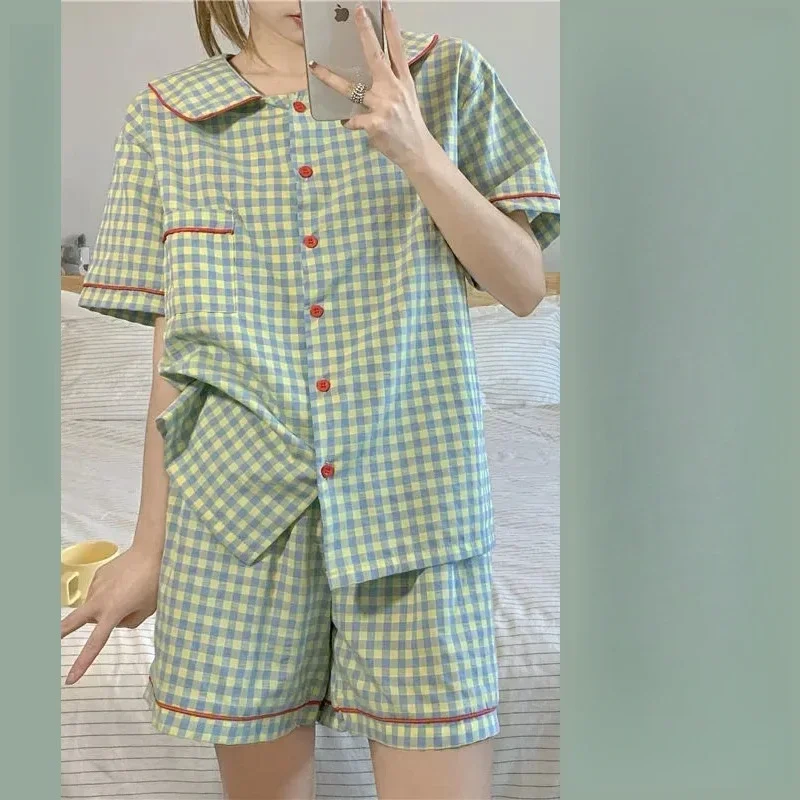 

New Pajamas Homewear Suit Female Short-Sleeved Students Imitation Cotton Pajamas Ins Wind Korean Green Plaid Homewear Suit