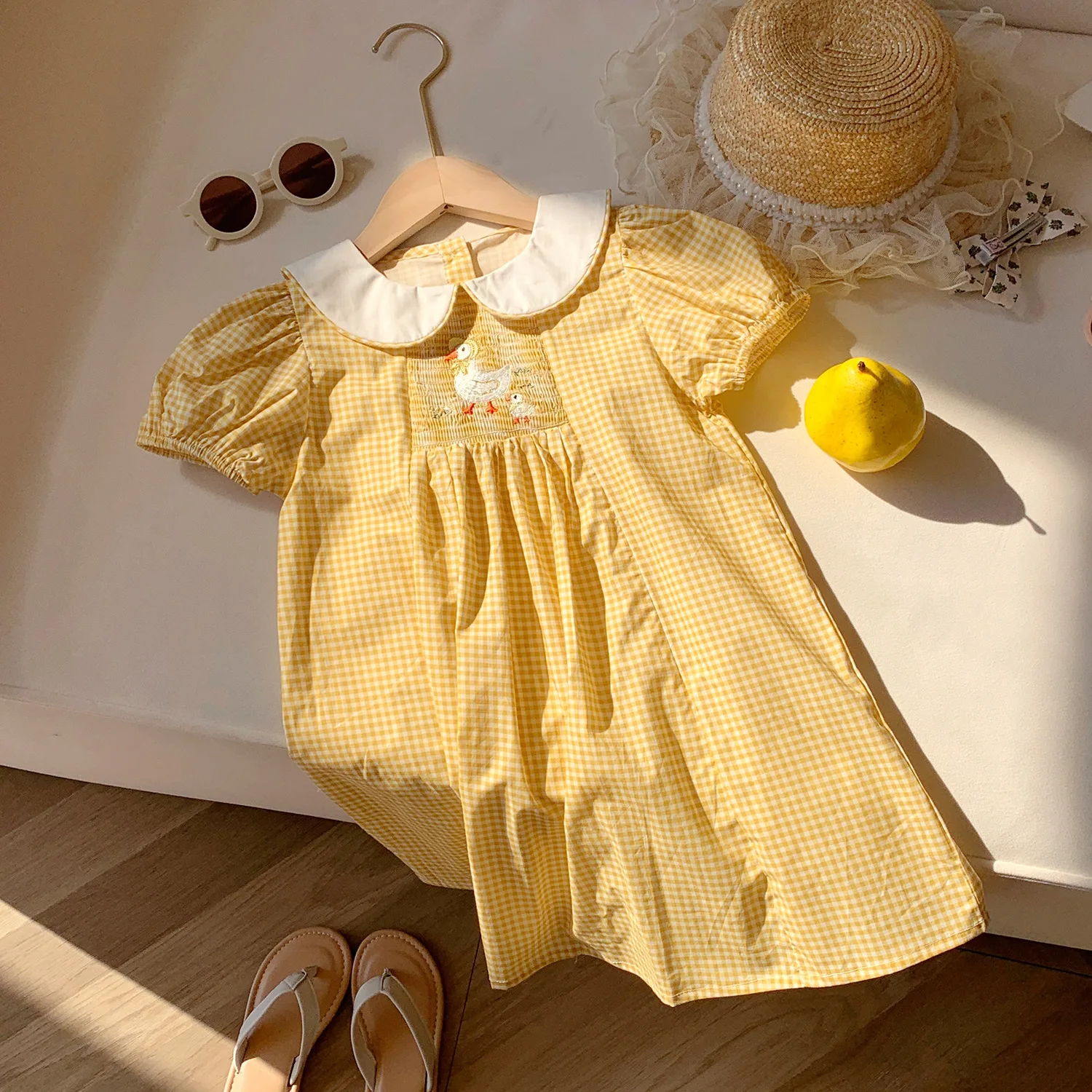 1-8y Girls Summer Yellow Dress Embroidery Duck Pattern Peter Pan Collar Puff Sleeve Cotton Dresses Cute Kids Casual Vestidos