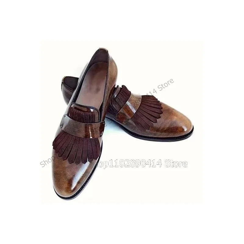 

Two Colors Tassels Decor Marble Print Loafers Fashion Slip On Men Shoes Luxurious Handmade Party Feast Banquet Men Dress Shoes