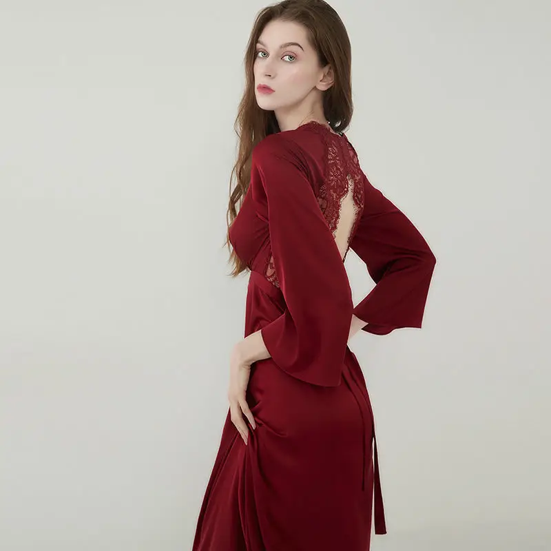 Sexy Burgundy Satin Robe Gown Lingerie Backless Sleepwear Bridal Wedding Kimono Hollow Out Bathrobe Nightgown Nightwear