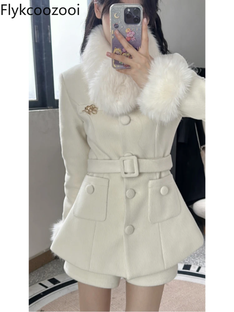 Imitation Fox Fur with Receiving Waist Wool Coat Women's Winter High-waisted Shorts Winter Two Piece Sets Womens Outifits