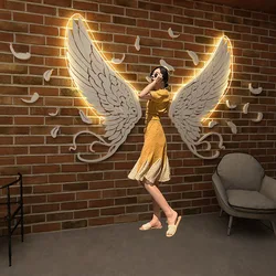 Angel wing background wall sticker Mirror acrylic self-adhesive wall stickers with Decorative lights party wall decoration