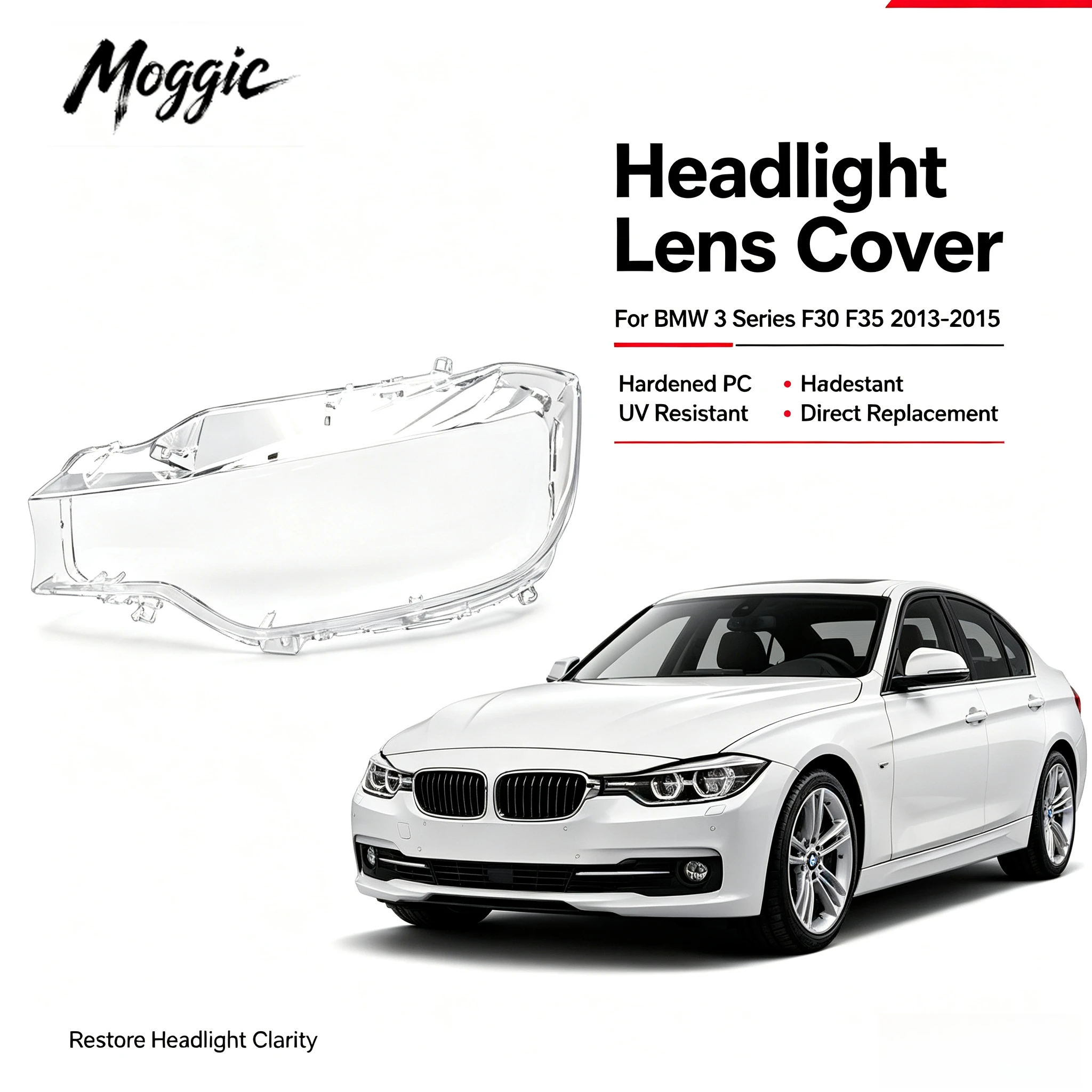 MoggicHeadlight Lens Cover Compatible With 3 Series 2013 2014 2015 F30 F35 316i 320i Left Right Side Transparent PC Replacement