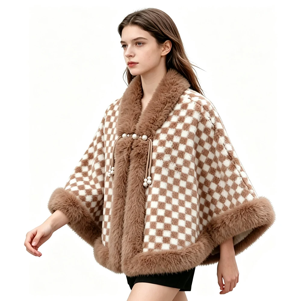 Women Checkerboard Faux Fur Cape Poncho Pearl Button Tassel Drawstring Batwing Sleeve Warm Fluffy Plush Blanket Shawl Coat