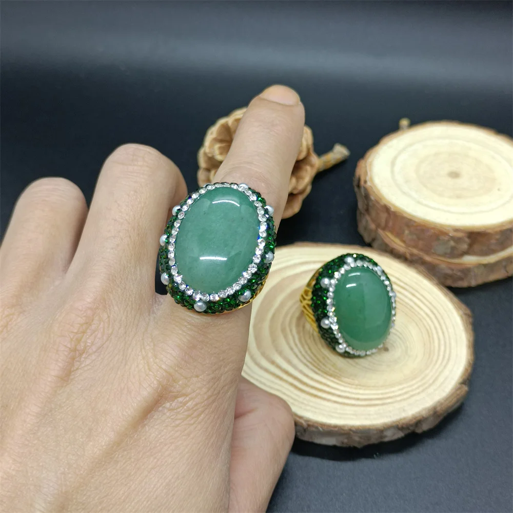 Natural green chalcedony women's adjustable ring personality simple luxury temperament exquisite trend ladies versatile jewelry