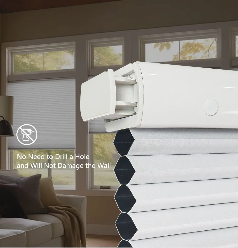 No Drill Without Drilling Electric Automatic Smart Remote Control Blackout Motorized Cellular Shades Honeycomb Blinds for Window