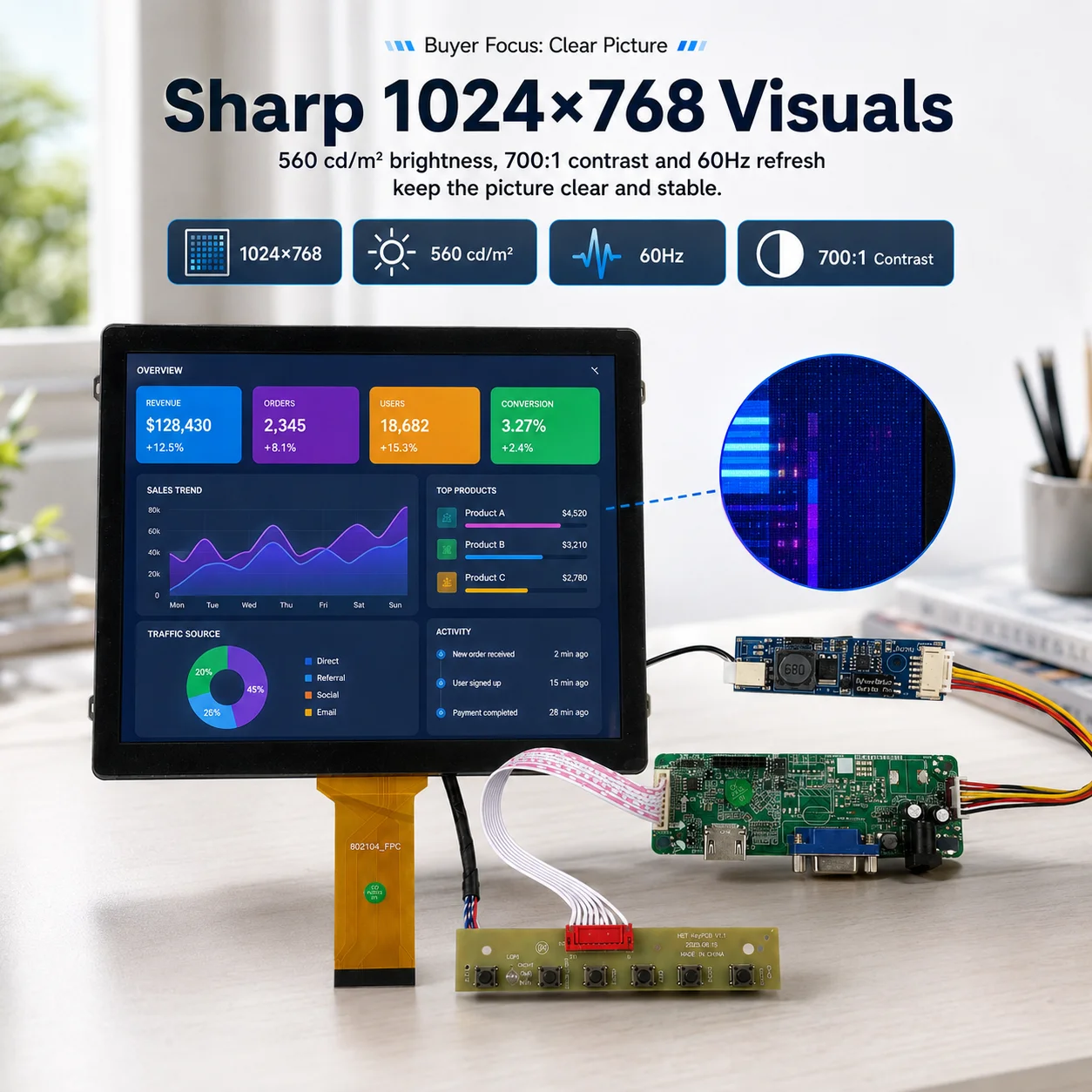LESOWN 10.4 Inch Industrial Touch Screen Display 1024x768 LCD Monitor Capacitive Panel Embedded Screen Automation HDTV VGA
