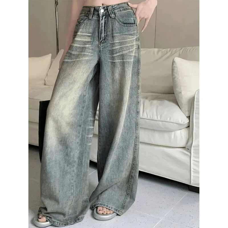 

Американские винтажные уличные джинсы женские Harajuku Y2K широкие джинсовые брюки с высокой талией прямые свободные ленивые классические простые брюки