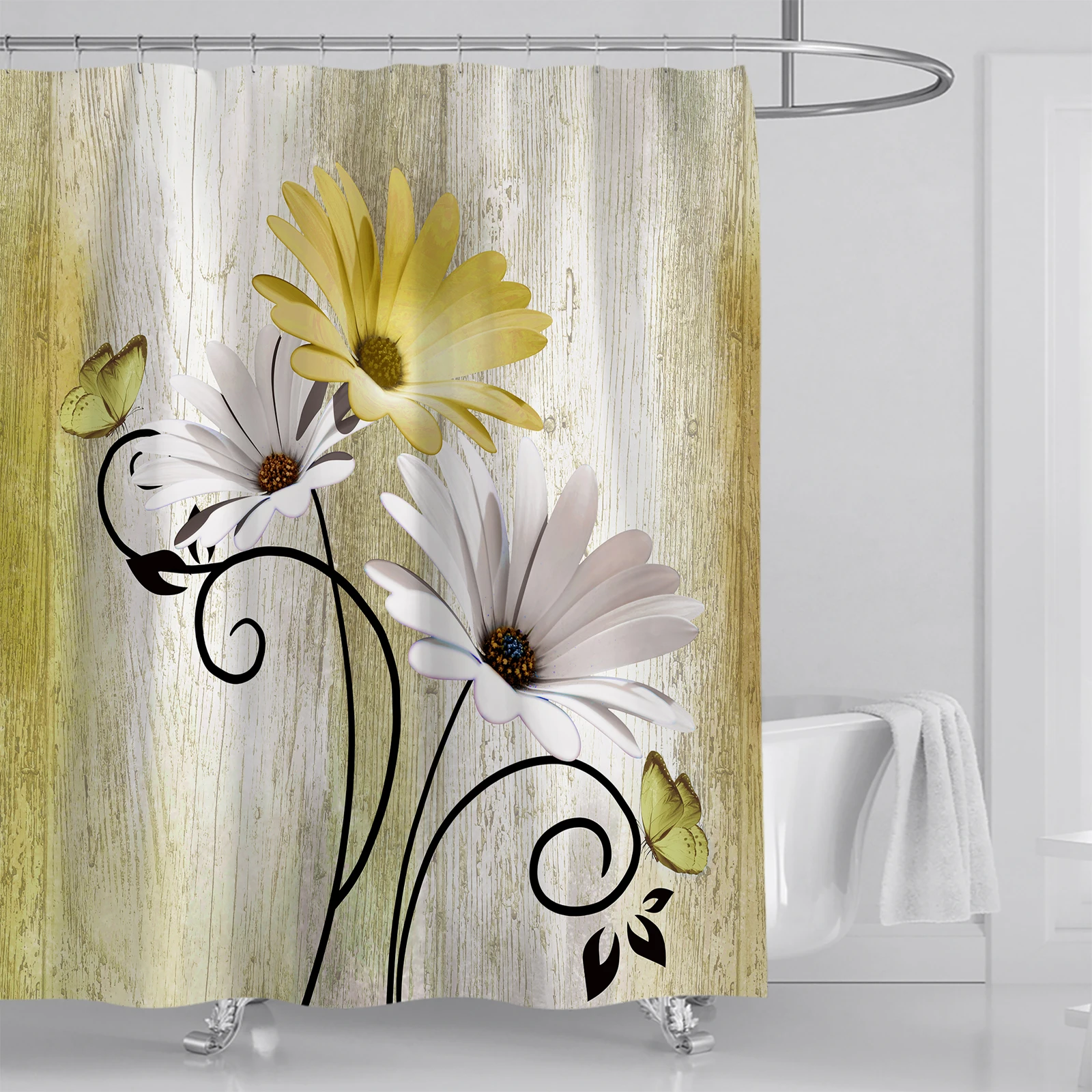 Daisy plant floral print shower curtain modern nordic minimalist polyester home décor bathroom curtain with hooks