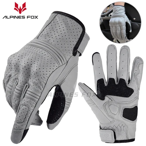 Guantes de cuero Retro para motocicleta, perforados, transpirables, pantalla táctil, accesorios de ciclismo, protección completa para dedos