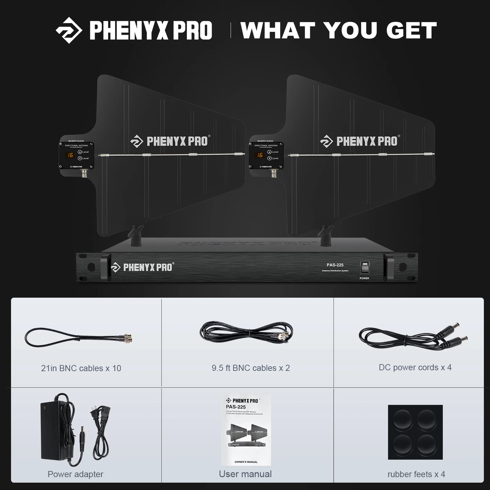 Phenyx Pro UHF 무선 안테나 분배 시스템 번들, 액티브 지향성 안테나, 8 출력 + 2 캐스케이드 포트 PAS-225X