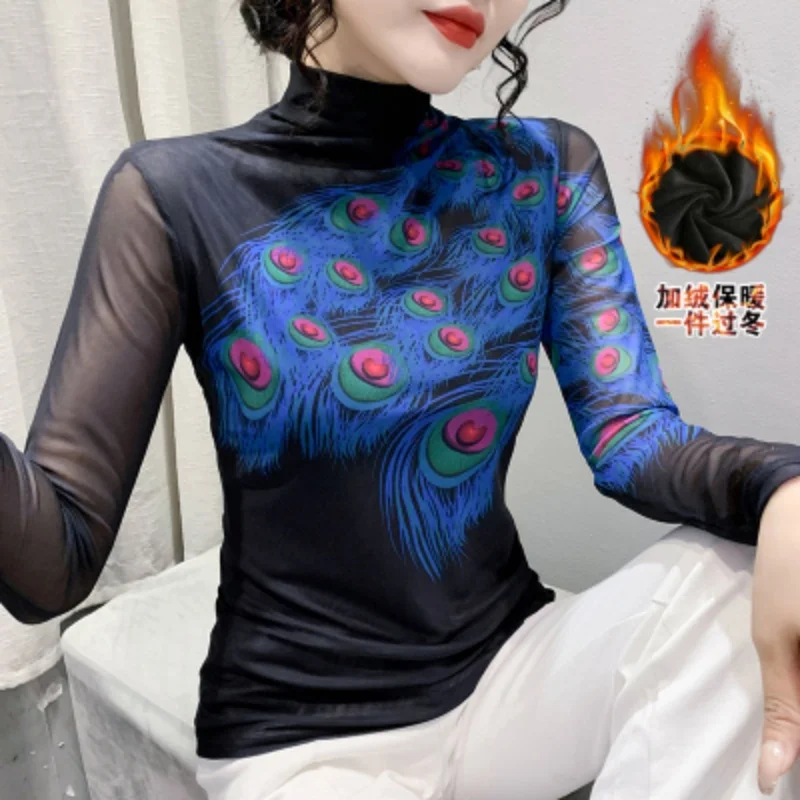 M-3XL European Clothing Women's T-Shirt New Elegant Turtleneck Fashion Printed Long Sleeve Thick Slim Tee Autumn