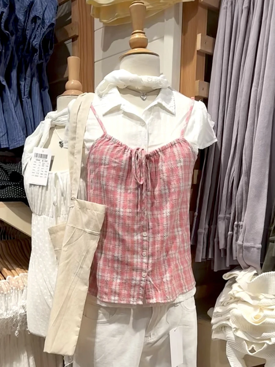 

Pink Plaid Lace-up Tank Top Women Summer New Single Breasted Cotton Slim Camisole Female Sweet Cute Preppy Style Vest Y2k Tops
