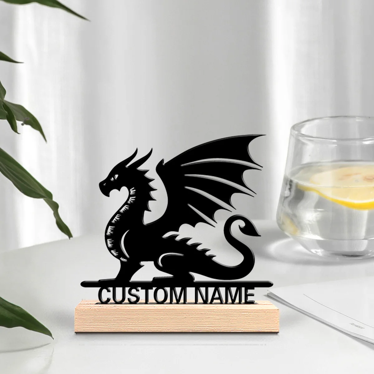 1pc Creative Flying dragon Customized Text Metal Statue Metal Ornament Art Crafts With Wood Base Tin Sculpture For Boys Gifts