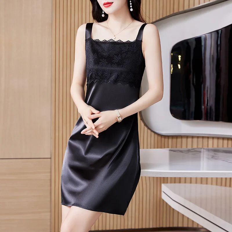 2024 Wysokiej jakości satynowa sukienka na ramiączkach Damska letnia sukienka o średniej długości