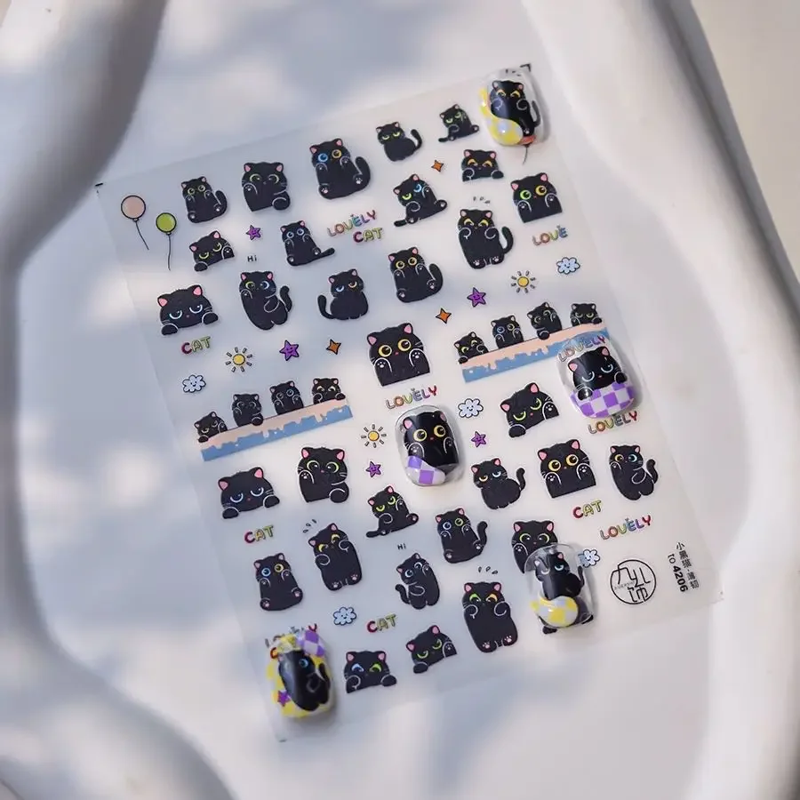 Naklejki na paznokcie z motywem czarnego kota, graffiti, relief, graffiti z kotem, DIY dekoracje na paznokcie, kreskówkowe, urocze akcesoria do paznokci