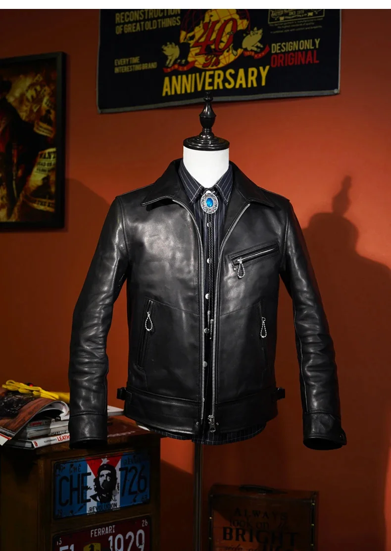 

YR!Free shipping.Men Luxury leather jacket.Retro black tanned horsehide coat.Classic motor biker cloth.1.4mm