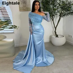 Eightale Blue Evening Dress One Shoulder Sequin Long Sleeves Satin Customized Arabic Mermaid Prom Wedding Party Gowns