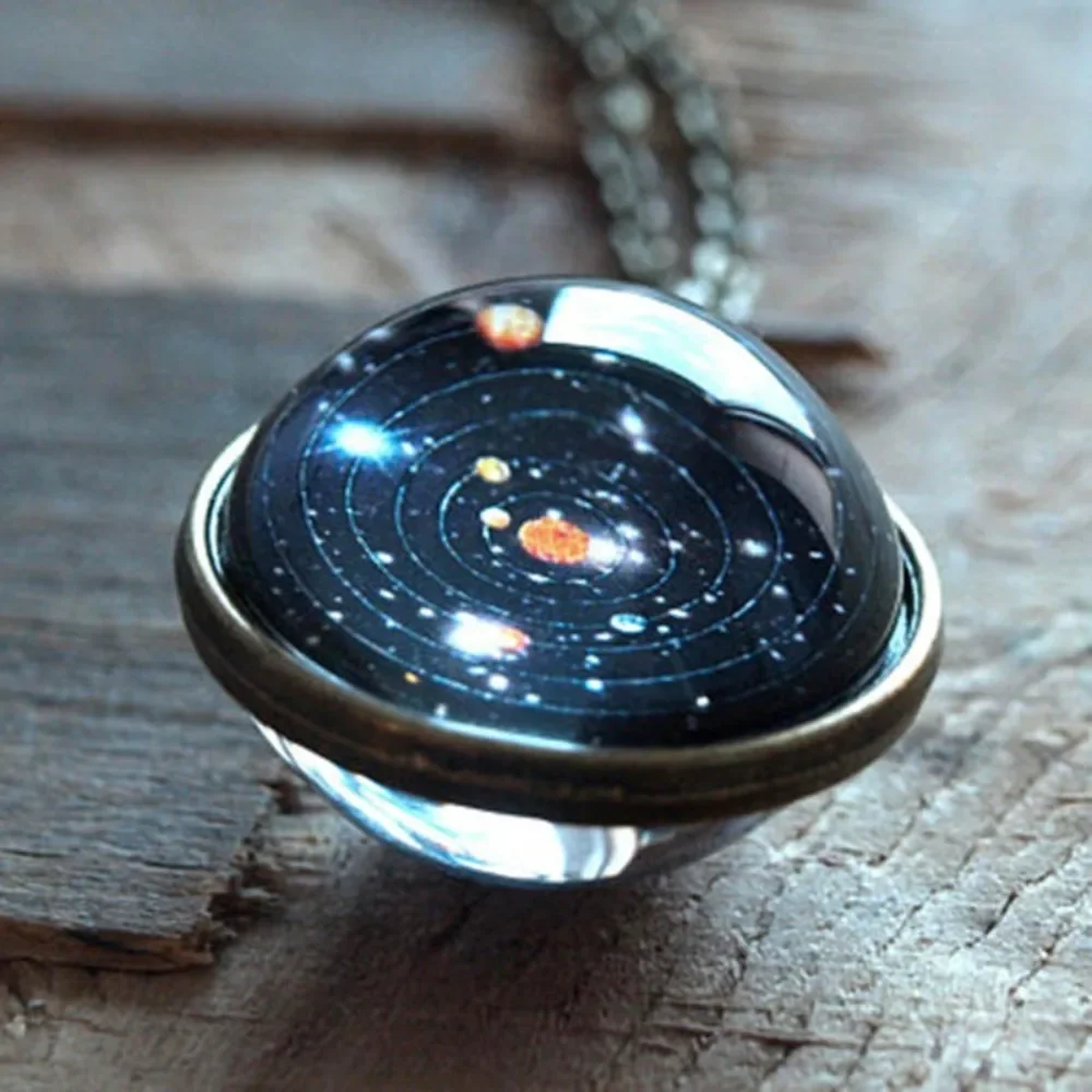 Trendy Personality Solar System Universe Starry Sky Double-sided Glass Ball Pendant Necklace for Women Men Collar Chain Jewelry