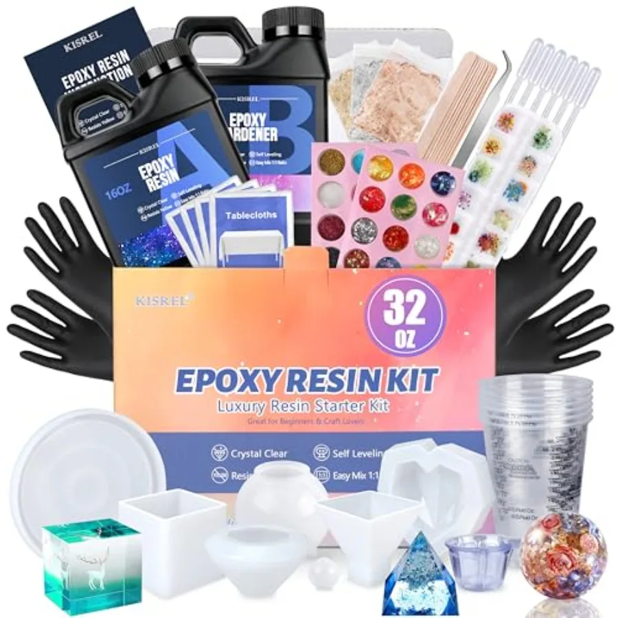 

Epoxy Resin Kit for Beginners Resin Kit with Molds 32OZ Epoxy Kit wiht Dried Flowers Measuring Cups and Resins Supplies