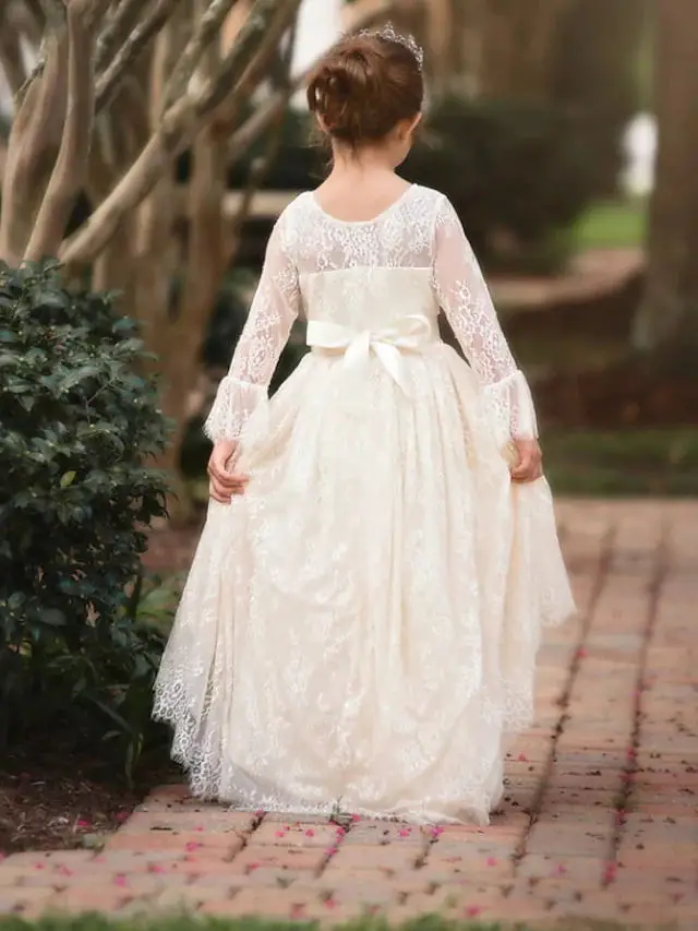 V-Neck Asymmetrical Flower Girl Wedding Dress Lace Long Sleeve Embroidered Party Costume Classic Bow Princess Prom Dress Chapel