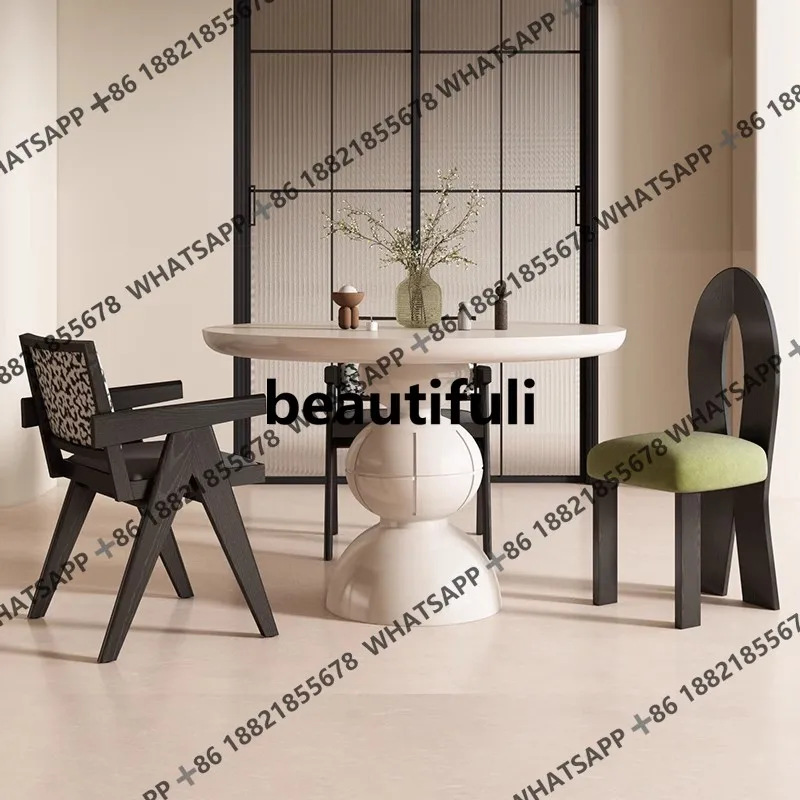 

French retro style solid wood dining table and chair combination designer creative round dining table modern simple small