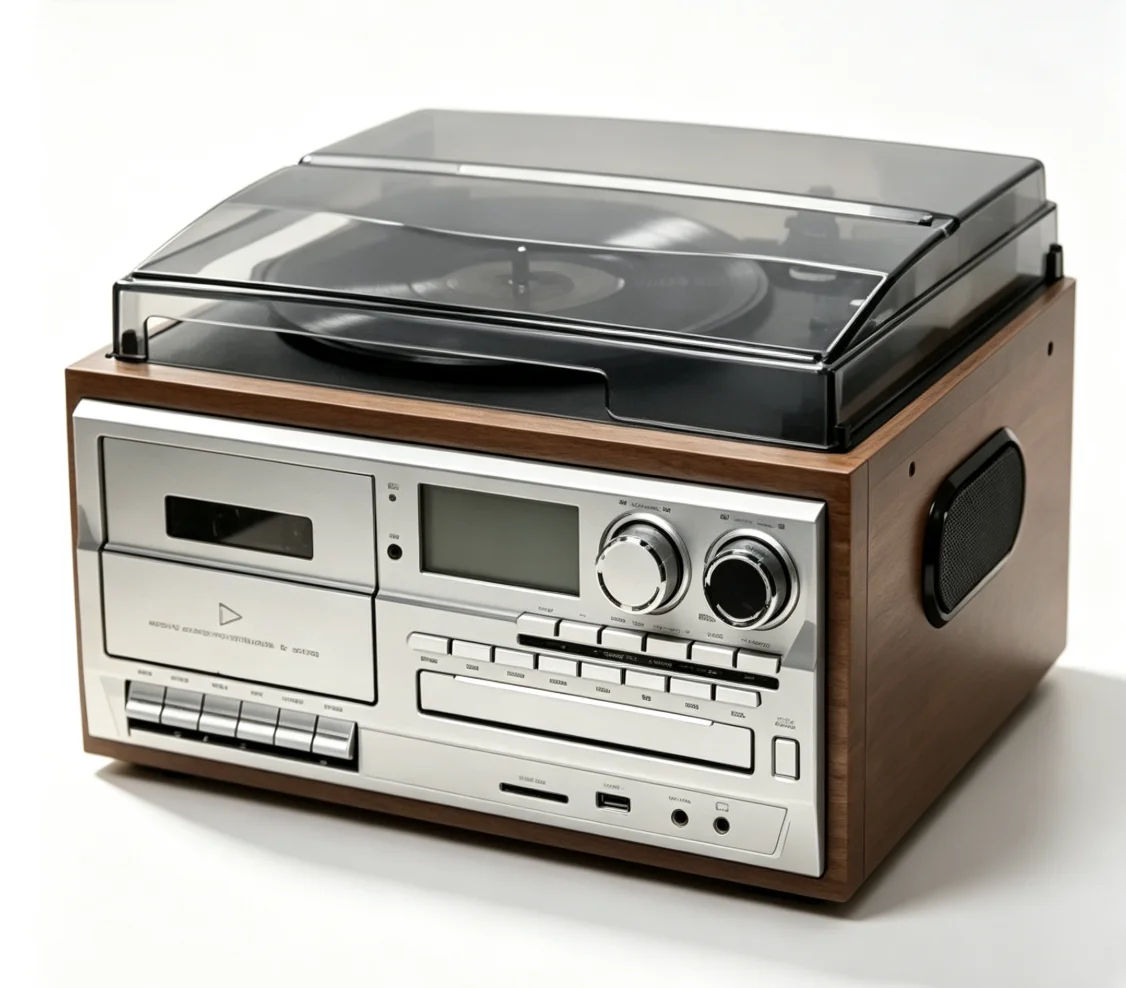Vintage Vinyl Record Player CD Cassette Bluetooth Speaker All in One Retro Turntable 3-Speed LP Phonograph Desktop Audio System