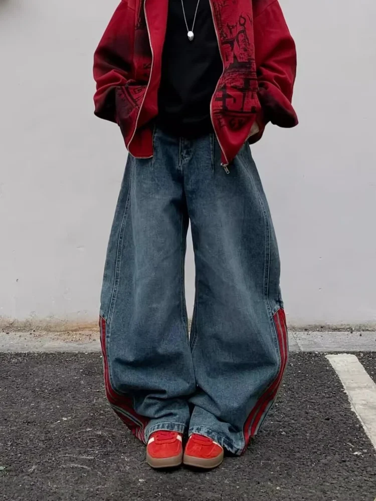 Trashy Y2K 2000S الأحمر مخطط المرقعة غسلها الأزرق فضفاض الجينز السراويل للرجال الملابس واسعة الساق الكورية سيدة عادية سراويل جينز #5