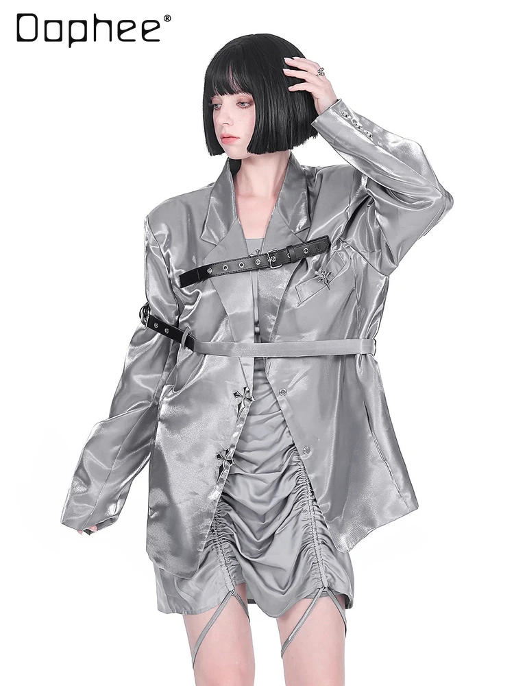 

Original Design Personalized Fashion Leather Buckle Cross-neck Blazer Jacket Women Gothic Retro Loose Cross High-end Coat Female