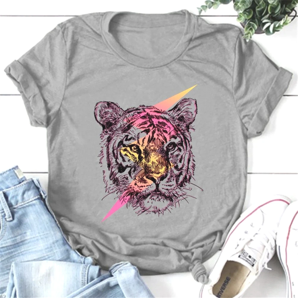 Colorful Tiger Head Graphic T-Shirt Round Neck Summer Street Personality Print Short Sleeve Casual Women's Top