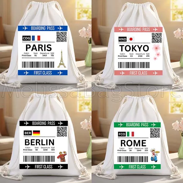 New York Rome Paris Berlin Tokyo Kyiv Madrid Boarding Pass Canvas Drawstring Bags Soccer Backpack Sackpack String Bag for Sports
