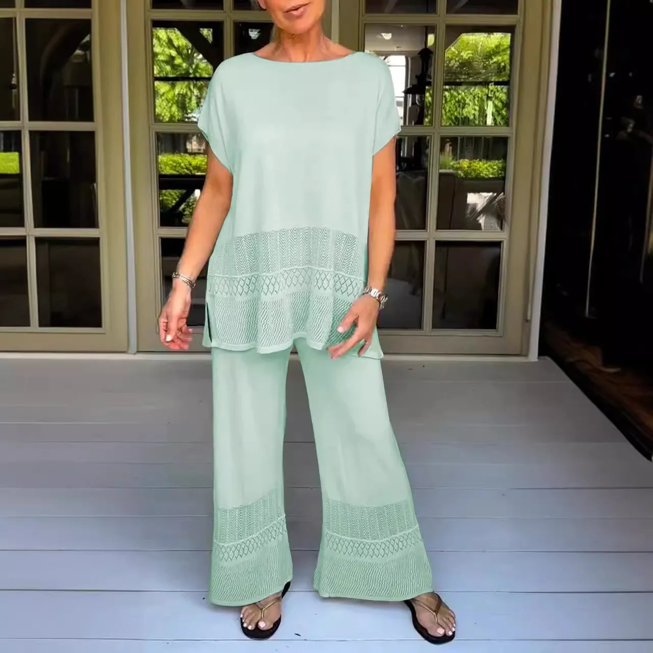 

Round Neck Solid Color Short-sleeved Top High-waisted Wide-leg Trousers Two-piece Set Women's New Summer Versatile Trousers Set