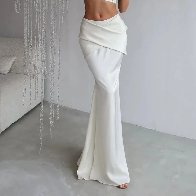 

Spring Women's New Chic Elegant Satin Maxi Skirt Cross Wrap High Waist Bodycon Mermaid Skirt For Office Commute Daily Party Wear