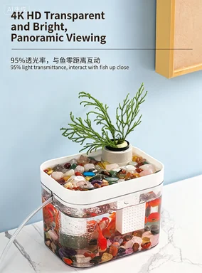 Kleines Fischbecken, kleines Desktop-Aquarium für das Wohnzimmer mit Luftpumpe, für faule Hausbewohner, kein Wasserwechsel nötig, ökologisches Aquarium. – Detail 4