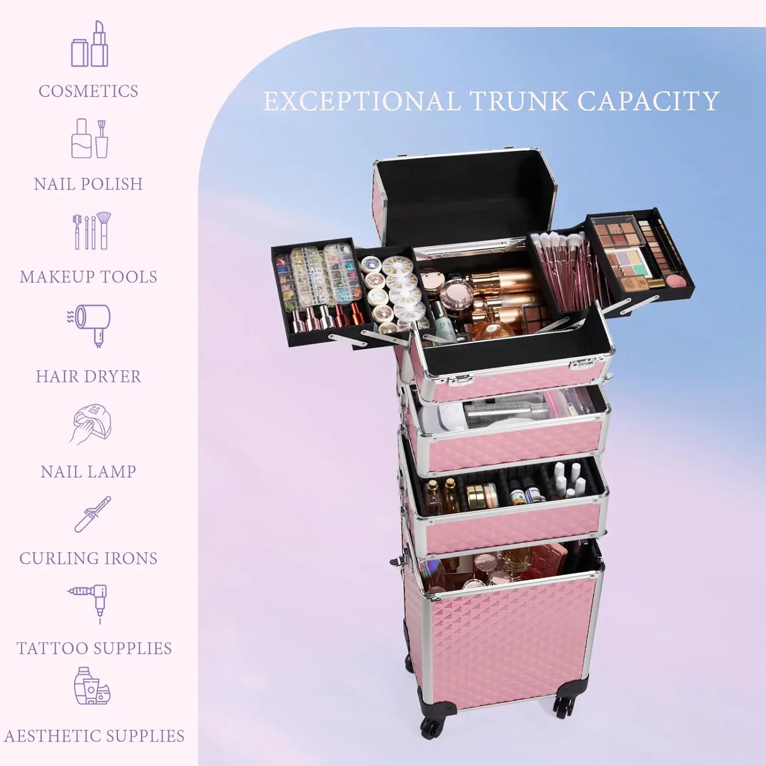 Stagiant Rolling Makeup Train Cosmetische trolley met grote opbergruimte 4-in-1 trolley met grote capaciteit Make-up reisetui met sleutelwartel