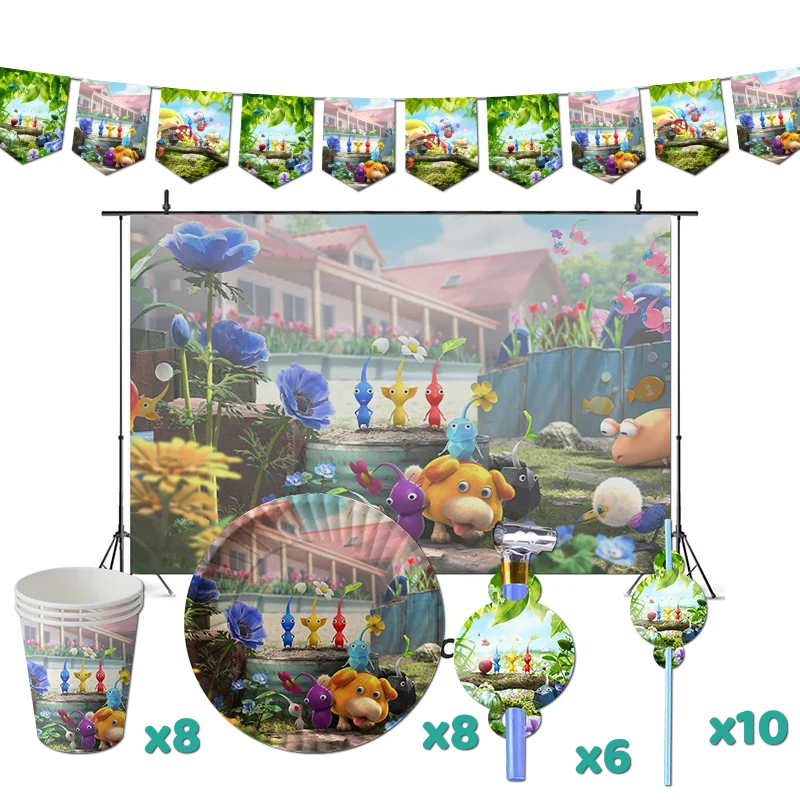 

Pikmin Birthday Party Decorations Baby First Game Theme Supplys Banner Cups Plates for Kids Captain Olimar Louie